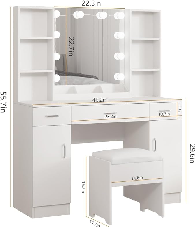 Vabches Makeup Vanity Desk with Lights, 3 Lighting Colors, White Vanity Set Makeup Table, Large Vanity with 3 Drawers, 2 Cabinets and Multiple Shelves, 45.2in