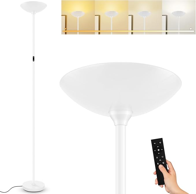 Stepless Dimmable Floor Lamp,30W 3000LM Super Bright LED Torchiere Floor Lamps with Remote & Touch Control,71 in Tall Modern Standing Lamp for Living Room Bedroom Office,2700k-6500k,White
