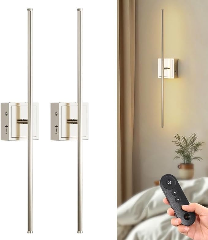 DORESshop Battery Operated Wall Sconces Set of Two with Remote Control, Rechargeable Wall Sconce, 350°Rotate Dimmable Wireless Wall Sconce for Living Room, Hallway, Bedroom, 28.1 Inch, Nickel(2 Pack)
