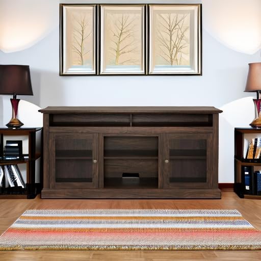 HMFULE 60" Farmhouse TV Stand for 60 65 Inch Television, Entertainment Center with 2 Storage Cabinets Glass Doors & Adjustable Shelves, 29" Tall Media Console Rustic Furniture for Living Room (Brown)