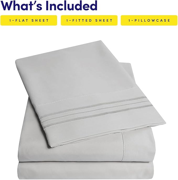 1500 Supreme Collection Twin XL Sheet Sets Light Gray Silver - 3 Piece Bed Sheets and Pillowcase Set for Twin XL Mattress - Extra Soft, Elastic Corner Straps, Deep Pocket Sheets, Twin XL Silver Gray