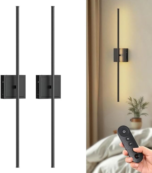 DORESshop Battery Operated Wall Sconces Set of Two with Remote Control, Rechargeable Wall Sconce, 350°Rotate Dimmable Wireless Wall Sconce for Living Room, Hallway, Bedroom, 31.6 Inch, Black(2 Pack)
