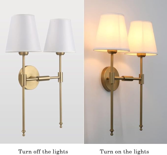 PERMO Classic Rustic Double Sconce 2-Lights Wall Sconce Lighting Fixture with Flared White Textile Lamp Shade and Antique Brass Finished Long Arm,Wall Sconce Light Fixture for Bathroom Bedroom