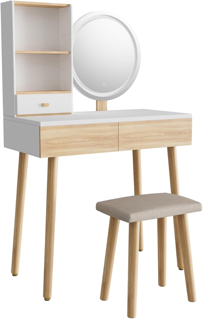 YOURLITE Makeup Vanity Desk with Lights,Small Vanity with Adjustable Brightness Mirror for Samll Spaces,Vanity Desk with Drawers and Storage Shelves