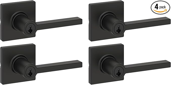 Kwikset Casey Entry Door Handle with Lock and Key, Secure Keyed Reversible Lever Exterior, for Front Entrance and Bedrooms, Matte Black, 4 Pack, Pick Resistant SmartKey Rekey Security and Microban
