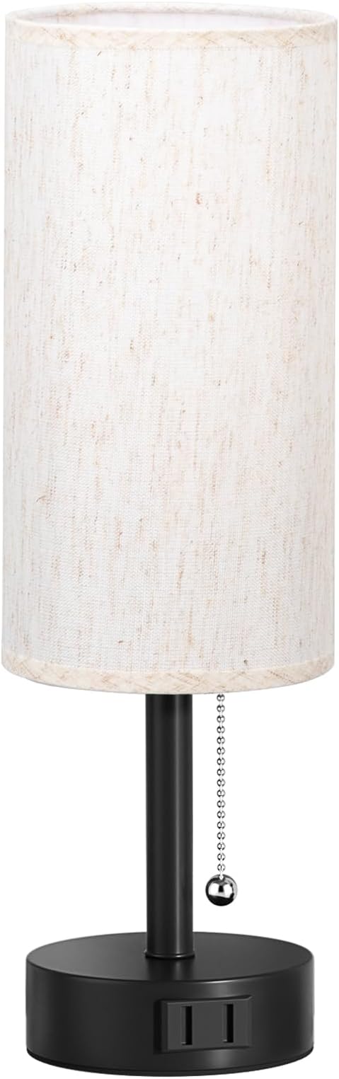 Bedside Table Lamp for Nightstand - 3 Color Temperatures Pull Chain Lamp with AC Outlet Charging Port, Round Night Stand Light for Bedroom Living Room, Small Bed Side Light with E26 LED Bulb