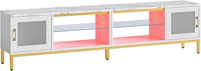 Bestier 80 Inch TV Stand for TVs Up to 85", 4 in 1 Entertainment Center with LED Lights, Modern Media Console Table with 2 Storage Cabinets & Adjustable Shelves for Living Room Bedroom, White Marble