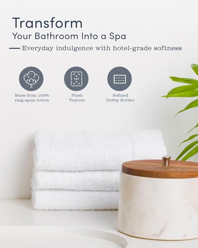 Luxury Hotel-Quality White Towel Set – 6 Pc Oversized Bath Towels & Washcloths, 563 GSM 100% Ring-Spun Cotton, Ultra-Soft Spa Textured, Fast-Drying & Durable – Ideal for Home, Airbnb, Dorm