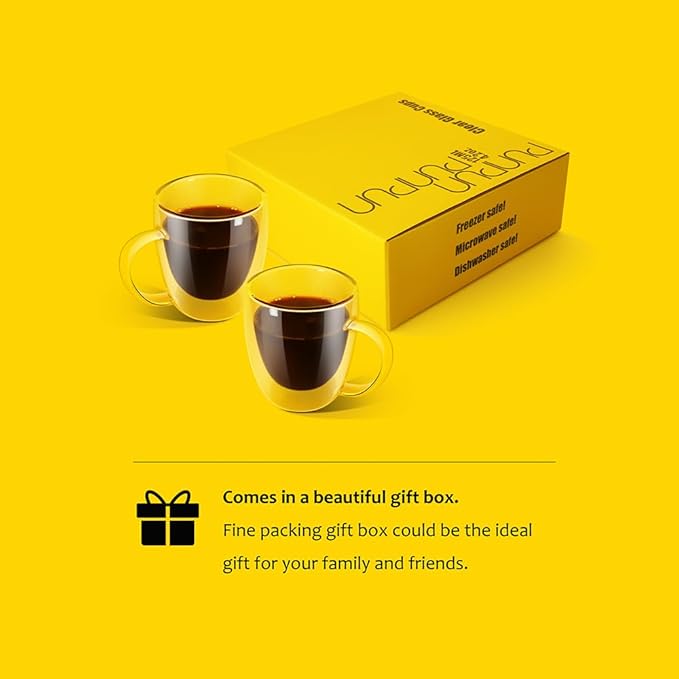 PunPun Coffee Cups Clear12.9OZ. 380ml Coffee Mugs, Espresso Cups,Double Wall Milk Cup with Big Handle,Perfect Mug for Hot Beverages, Latte, Cappuccinos Set of 2