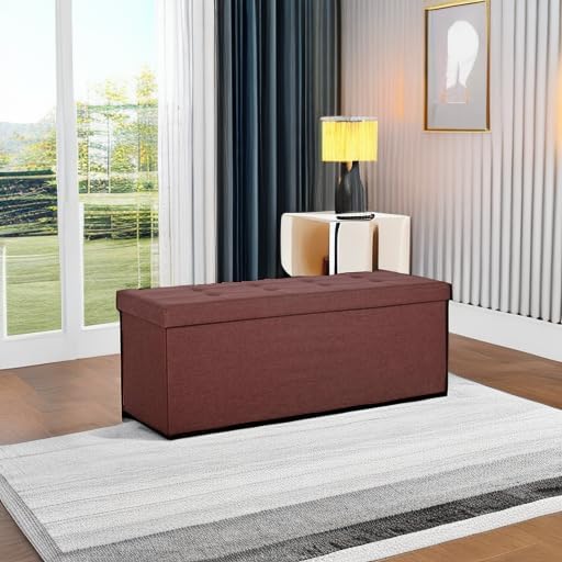 SUPER DEAL 43 Inches Folding Storage Ottoman Bench, Linen Footrest with Divider Foam Padded Seat Long Storage Chest Box for Living Room Bedroom Entryway, 660 lbs Capacity 15" x 43" x 15" Brown