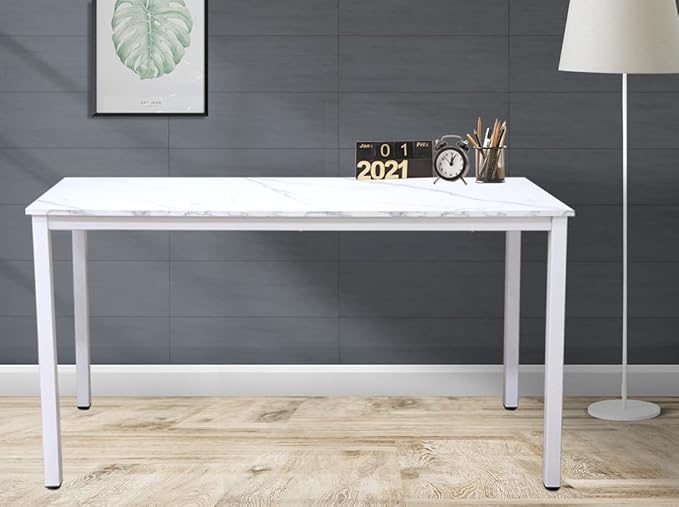 55 inch Large Computer Desk Wood, Modern Simple Style Desk for Home Office, Bedroom, Study Student Writing Desk, Small Spaces, White Metal Frame, Marble Grain Top