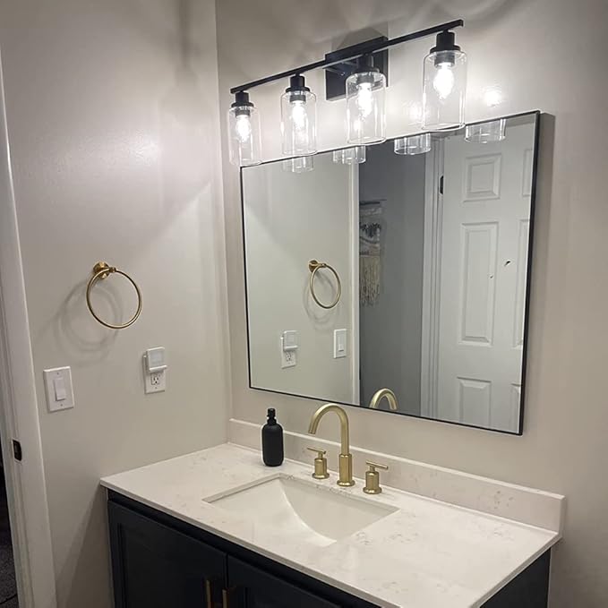 MELUCEE 4 Lights Sconces Wall Lighting Black with Clear Glass Shade, Industrial Bathroom Light Fixtures Vanity Lights Porch Light Fixtures Wall Mount (Patent No.: US D963914 S)