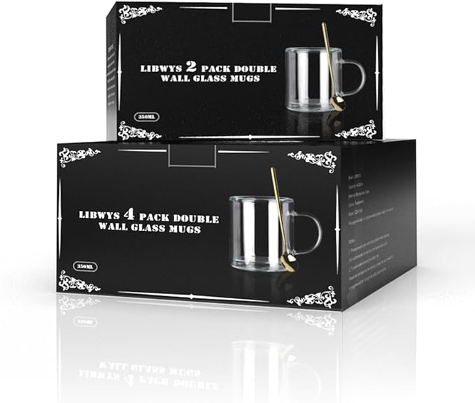 LIBWYS 12oz Double Wall Coffee Mugs (4-Pack) - Insulated Borosilicate Glass Cups with Handle for Espresso, Cappuccino, Latte - Heat Resistant, Dishwasher Safe Hot/Cold Beverage Glasses 350ml
