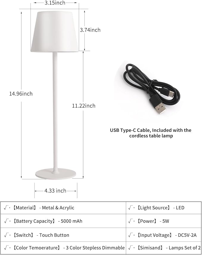 Cordless Table Lamp LED Desk Lamp,5000mAh Rechargeable Touch Night Light Lamp,Wireless Minimalist Design for Restaurant/Bedroom/Bars/Outdoor Party/Camping/Coffee Shop(White)