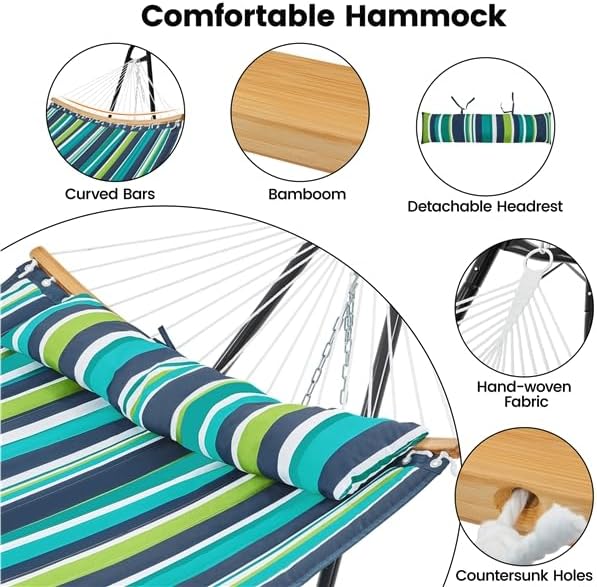 Yaheetech Hammock with Stand Set, 2-3 People Heavy Duty Hammock with Frame & Removable Pillow for Outdoor & Indoor, Max.Weight Capacity 475LB - Green Stripe
