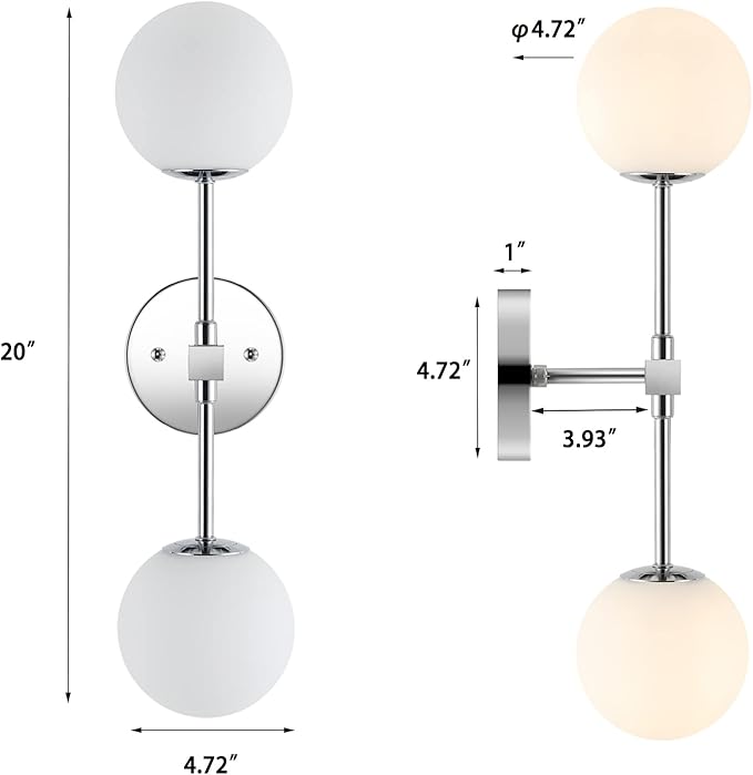 Modern Wall Sconce 2-Lights Industrial Mid Century Bathroom Vanity Wall Light with White Globe Glass Lampshade Brushed Chrome Finished Lighting Fixture (Chrome Color)