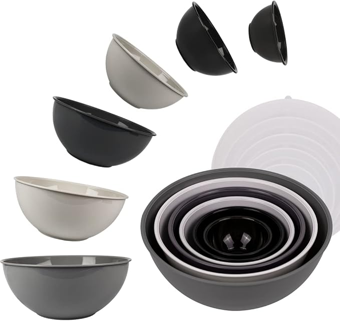 BoxedHome BPA Free Plastic Round Mixing Bowl with Lids, 12 Pack Nesting Bowls with Lids Set, Microwave and Dishwasher Safe Prep & Serving Bowls Great for Mixing, Baking, Serving (Grey, 12pcs)