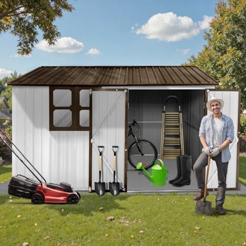 10 x 8 FT Outdoor Storage Shed, Metal Garden Tool Shed with Slooping Roof, Lockable Doors and Windows, All-Weather Weatherproof Blike shed for Garden, Patio, Lawn, White