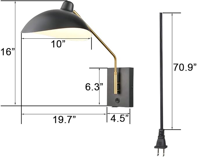 CLAXY Plug in Wall Sconce Swing Arm Bedroom Wall Light Matte Black with USB Charge Port-Set of 2, Plug in or Hardwired Wall Mounted Lights