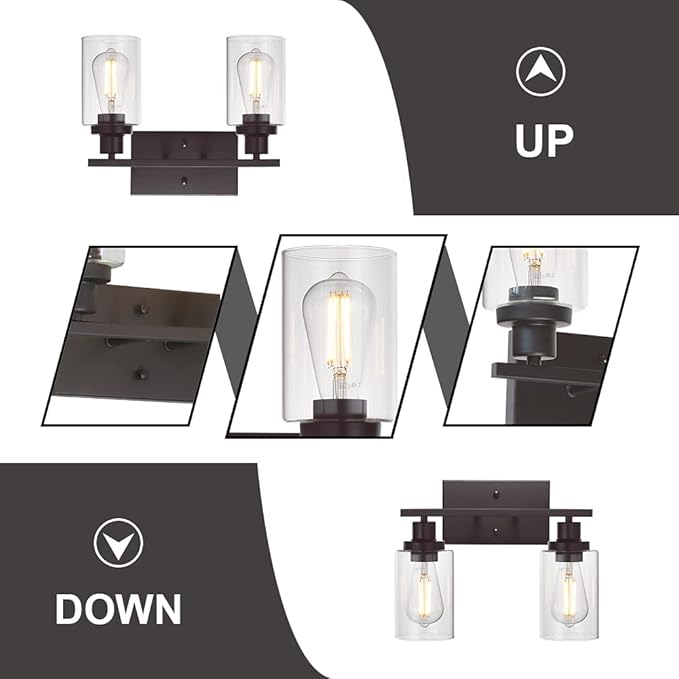 MELUCEE 2-Light Industrial Bathroom Lighting Oil Rubbed Bronze with Clear Glass Shade, Porch Light Fixtures Wall Mount Sconces for Bedroom Living Room Kitchen (Patent No.: US D963914 S)