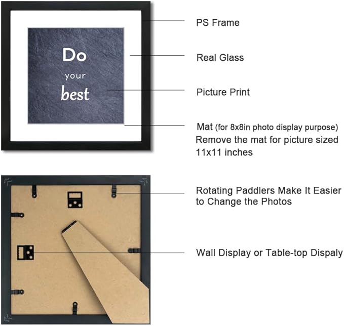 11x11 Picture Frame Set of 3 with Real Glass for Pictures 8x8 with Mat or 11x11 Without Mat, Wall Gallery or Tabletop display Photo Frames in Black