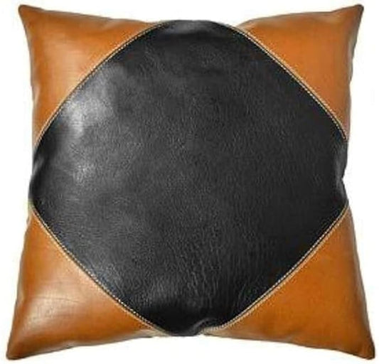 D DOLLY LAMB Lambskin Leather Pillow Cover - Sofa Cushion Case - Decorative Throw Covers for Living Room & Bedroom, 22x22 Inches - Camel Black Pack of 1