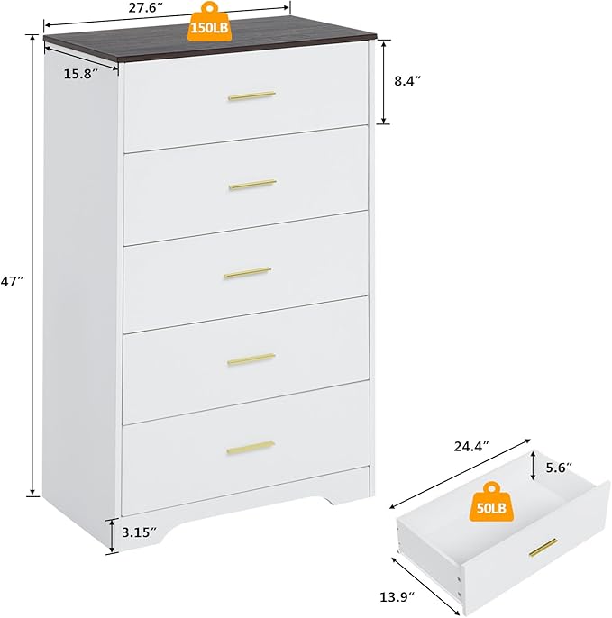 LIDYUK White Dresser for Bedroom, 5 Drawer Dressers & Chests of Drawers, Modern Wood Dresser, 47 Inches Tall Chest of Drawers for Bedroom, Hallway, Living Room
