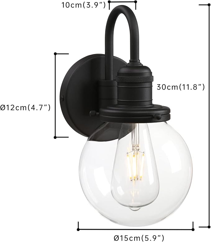 Industrial Vintage Gooseneck Wall Sconce 1-Light with 5.9” Round Clear Glass Globe Shade Indoor Wall Mounted Lamp Fixture