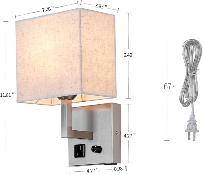 Plug in Wall Sconce, Bedside Wall lamp with Plug and dimmable Switch, with USB Charging Port and Socket, Suitable for Hotel, Corridor, Living Room and Bedroom Wall Light (Nickel)