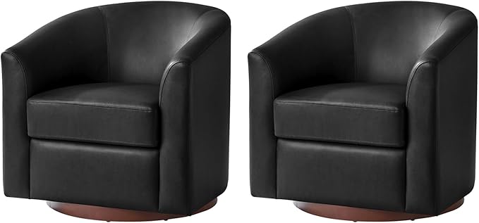 HULALA HOME Faux Leather Swivel Accent Chairs Set of 2 with Solid Wood Base, Round Swivel Barrel Chairs for Living Room and Bedroom, Black