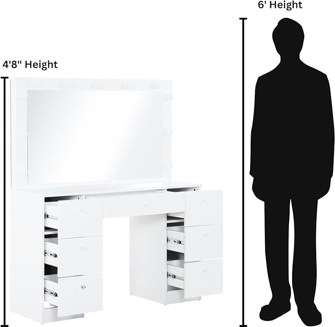 Natural Beauty Luxury Makeup Desk with Mirror, 11 Lights, Adjustable Brightness & 3 Lighting Modes, 7 Soft-Close Drawers, Crystal Knobs, USB & Power Outlets, Makeup Station (Stool Included)