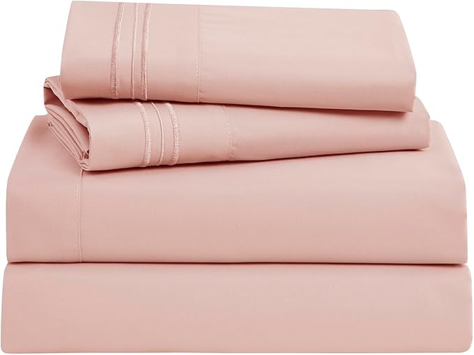 Clara Clark Bed Sheets, Premier 1800 Series Bed Sheet Set, Deep Pocket, Wrinkle, Fade, Stain Resistant, Luxury Soft Bedding Sheets & Pillowcases, Full, Pink Beige
