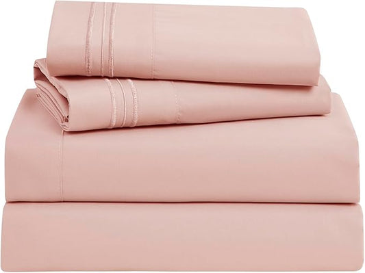 Clara Clark Bed Sheets, Premier 1800 Series Bed Sheet Set, Deep Pocket, Wrinkle, Fade, Stain Resistant, Luxury Soft Bedding Sheets & Pillowcases, Full, Pink Beige