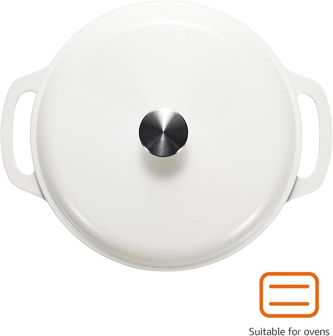 Amazon Basics Cast Iron Dutch Oven Pot with Lid, Enameled, Round, Dual Handles, Heavy-Duty, Medium, 6-Quart, Matte White
