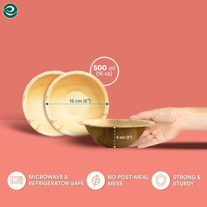 ECO SOUL Palm Leaf Bowl 200 pc, Small 6" (16 Oz) | Round Like Bamboo Bowls, Compostable, Biodegradable, Disposable Palm Leaf Bowls Eco-friendly | Sturdy, Microwave & Oven Safe