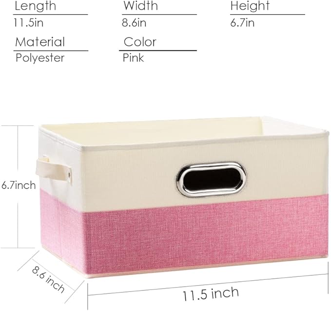 PRANDOM Fodable Storage Bins for Closet [3-Pack] Decorative Fabric Storage Baskets Cubes with Leather/Metal Handles for Shelves Bedroom Living Room Pink&Cream (11.5x8.5x6.7 Inch)