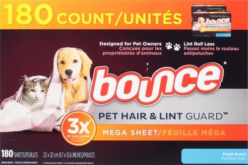 Bounce Pet Hair and Lint Guard Fabric Softener Dryer Sheets | Fresh Scent | 3X Pet Hair Fighters | Mega Sheets | 180 Count, Pack of 3