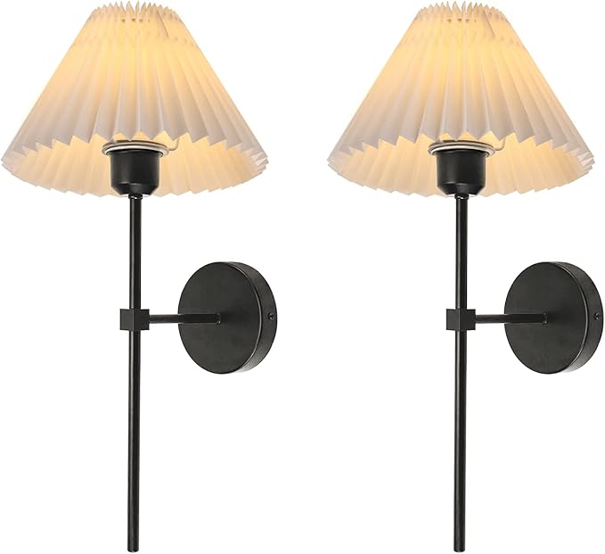 Wall Sconces Sets of 2, White Pleated Fabric lampshade Matte Black Wall Lamp, Column Bracket Wall Lighting, Bathroom Dresser Hardwired lamp Fixture, Applicable to Living Room, Bedroom and Dining Room