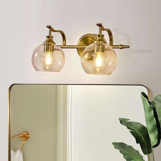 ANDY STAR 2 Light Bathroom Vanity Light, Brushed Gold Bathroom Light Fixtures, Wall Lighting with Clear Globe Glass Shades, Brass Wall Sconce for Living Room, Bedroom, Hallway