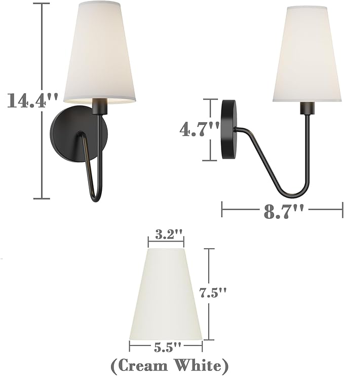 Electro bp;Single Head Classic 1 Light Wall Sconce Lighting Fixture Black with Cream White Linen Fabric Lamp Shades E12 40W Hardwired (Set of 2);