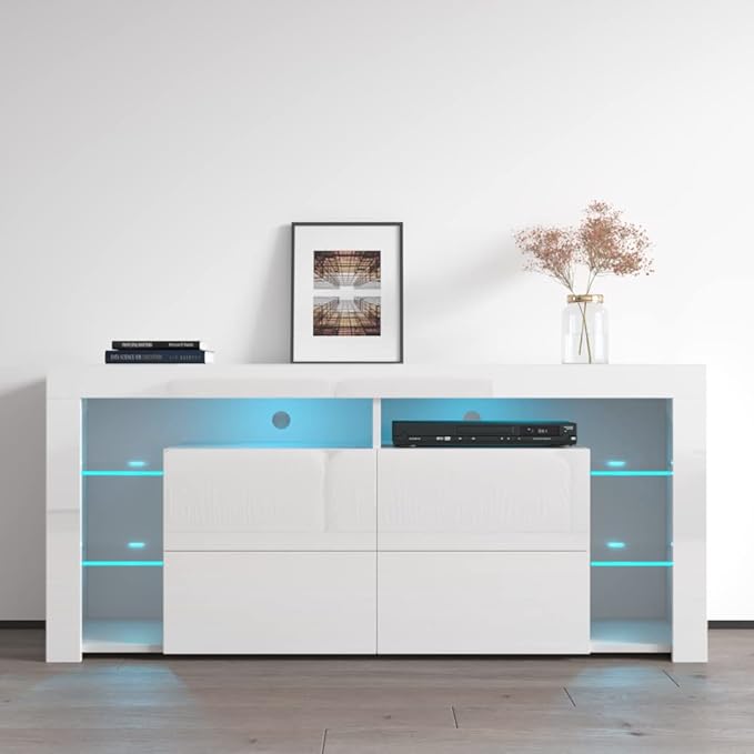 Meble Furniture Minelli 61" TV Stand with LED Light System - Modern TV Stand with Storage Cabinets - LED TV Stand for Living Room - Media Entertainment Center Console Table for TVs up to 70'' - White