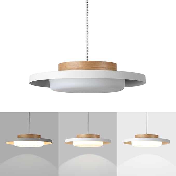 Mid Century Modern Pendant Lighting,15.7 inch,Natural Wood Cap, 3000K/Warm White/22W,Dimmable LED Pendant Light Fixtures, for Kitchen, Dining Room, Living Room