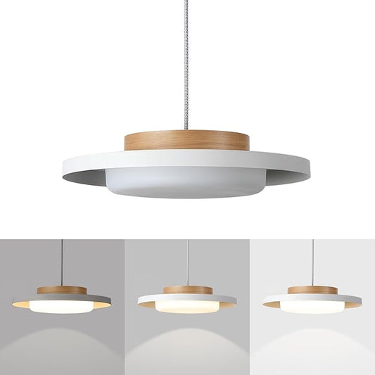 Mid Century Modern Pendant Lighting,15.7 inch,Natural Wood Cap, 3000K/Warm White/22W,Dimmable LED Pendant Light Fixtures, for Kitchen, Dining Room, Living Room