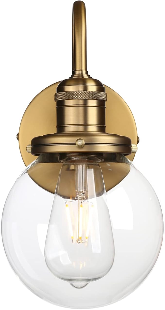 Industrial Vintage Gooseneck Wall Sconce 1-Light with 5.9” Round Clear Glass Globe Shade Indoor Wall Mounted Lamp Fixture