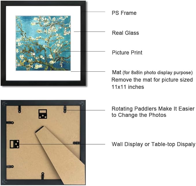 11x11 Picture Frame Set of 6 with Real Glass for Pictures 8x8 with Mat or 11x11 Without Mat, Wall Gallery or Tabletop display Photo Frames in Black