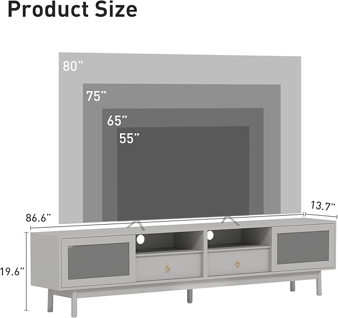 Bonzy Home TV Stand with Storage for 80 Inch TV, Modern Entertainment Center with Glass Doors and 2 Drawers, 86.6" Long TV Console for Living Room, Grey
