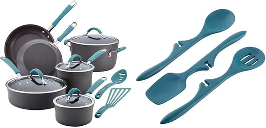 Rachael Ray Cucina Hard Anodized Nonstick Cookware Pots and Pans Set, 12 Piece, Gray & Kitchen Tools and Gadgets Nonstick Utensils/Lazy Spoonula, Solid and Slotted Spoon, 3 Piece, Marine Blue