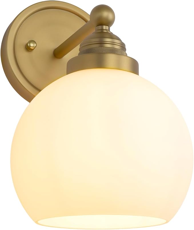 Vintage Brass Wall Sconce Light, Industrial Bathroom Vanity Wall Lighting Globe Glass Shade, Indoor Wall Mounted Lamp Fixture for Bedroom Living Room Hallway