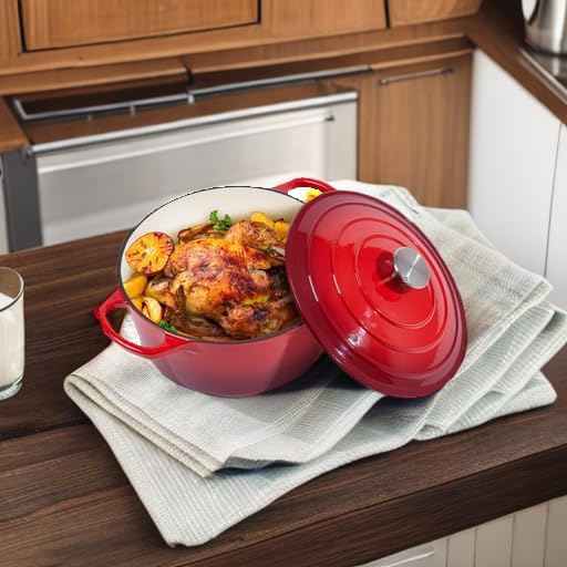 6 Quart Dutch Oven Enameled Cast Iron with Lid - Big Dual Handles - Oven Safe up to 500°F - Classic Round Pot for Versatile Cooking (Red, 6 QT)