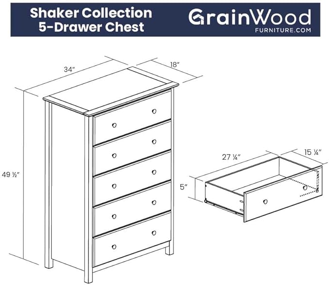 Grain Wood Furniture Shaker 5-Drawer Chest, Solid Wood with Natural Finish